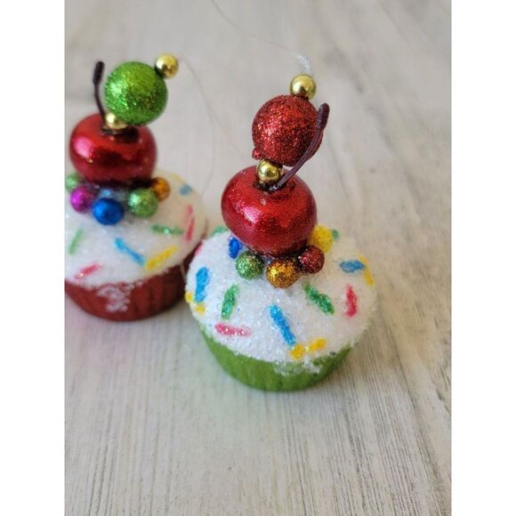 Glitter Sparkle Cherry cupcake bakery set ornament Xmas decor - Picture 2 of 7
